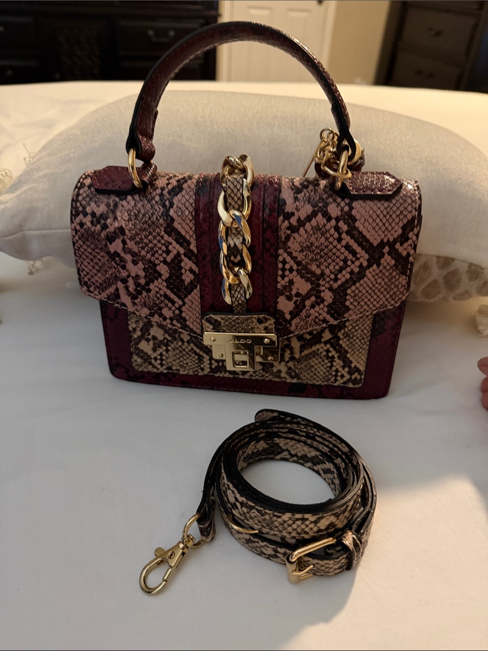 Structured Snake-Embossed Top Handle Bag in Burgundy